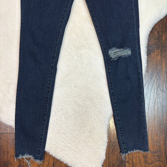 Express Skinny Jeans 6L Dark Wash Ripped Knee Raw Hem 6 Long Stretch High-Rise - Picture 3 of 9